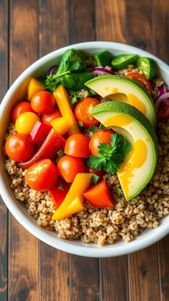 A nourishing quinoa goddess bowl with vegetables and avocado, garnished with herbs, on a wooden table.